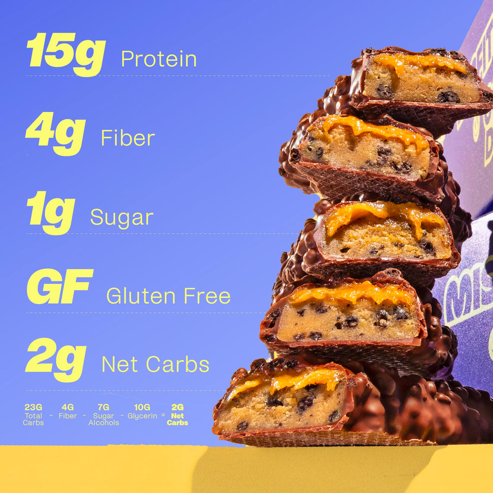 Misfits cookie dough bar packaging highlights less than 1g sugar