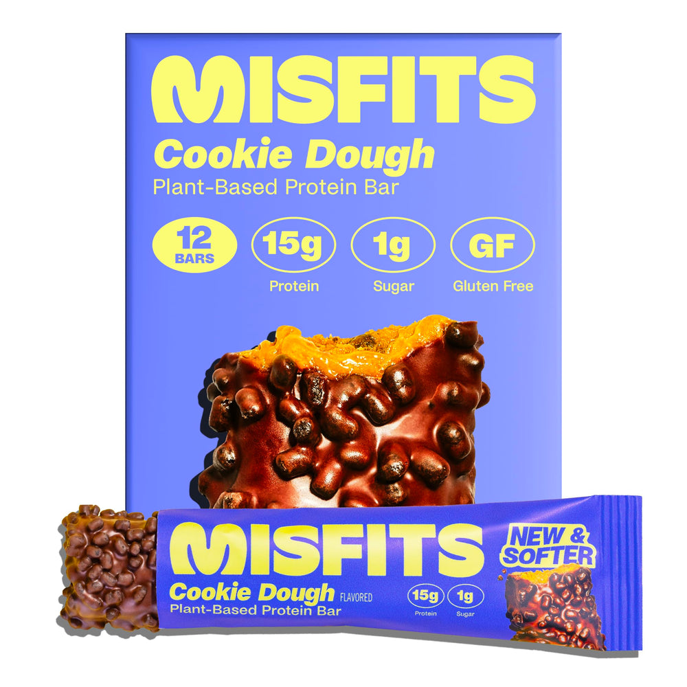 Misfits vegan protein bar cookie dough unwrapped with chocolate coating and caramel center