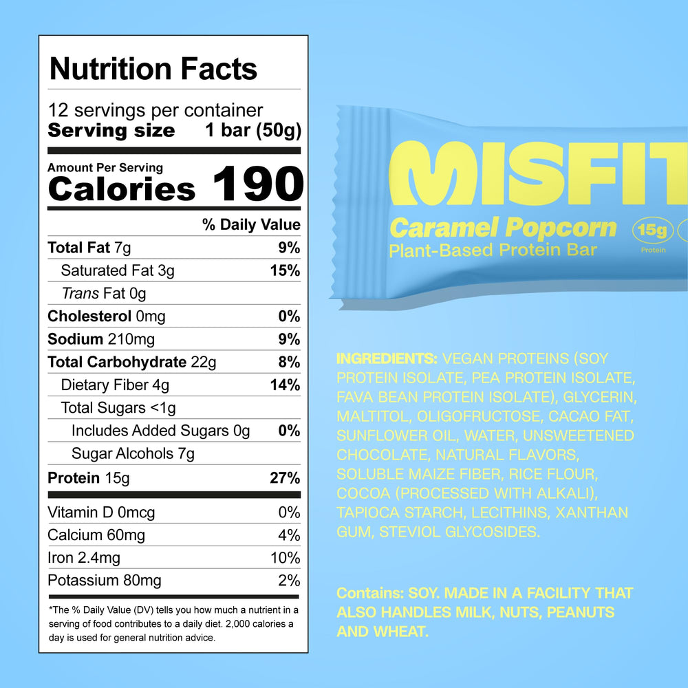 Misfits bar shows 15g protein and soft golden center for satisfying texture and fullness.