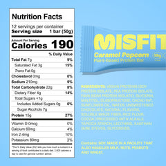 Misfits bar shows 15g protein and soft golden center for satisfying texture and fullness.