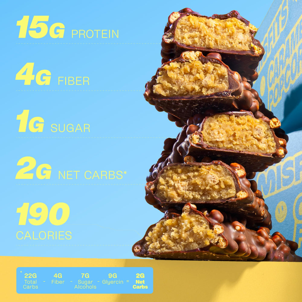 Misfits vegan bar highlights low carb and low sugar benefits for mindful daytime snacking.