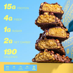Misfits vegan bar highlights low carb and low sugar benefits for mindful daytime snacking.