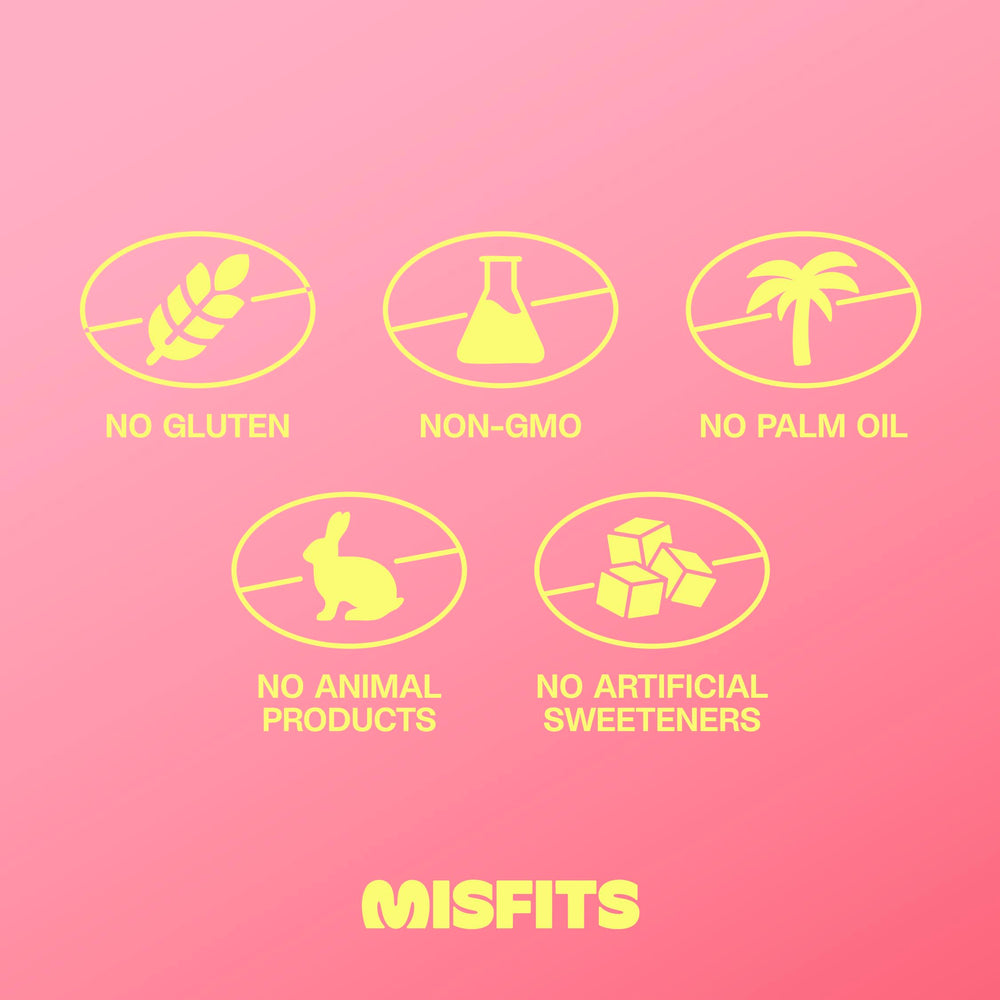 Misfits vegan protein bar crispy pieces provide a chewy, energizing bite.