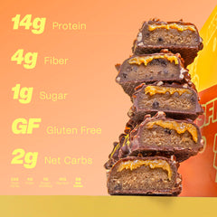 Misfits vegan protein bar peanut butter fudge close-up shows crunchy peanuts and chocolate coating