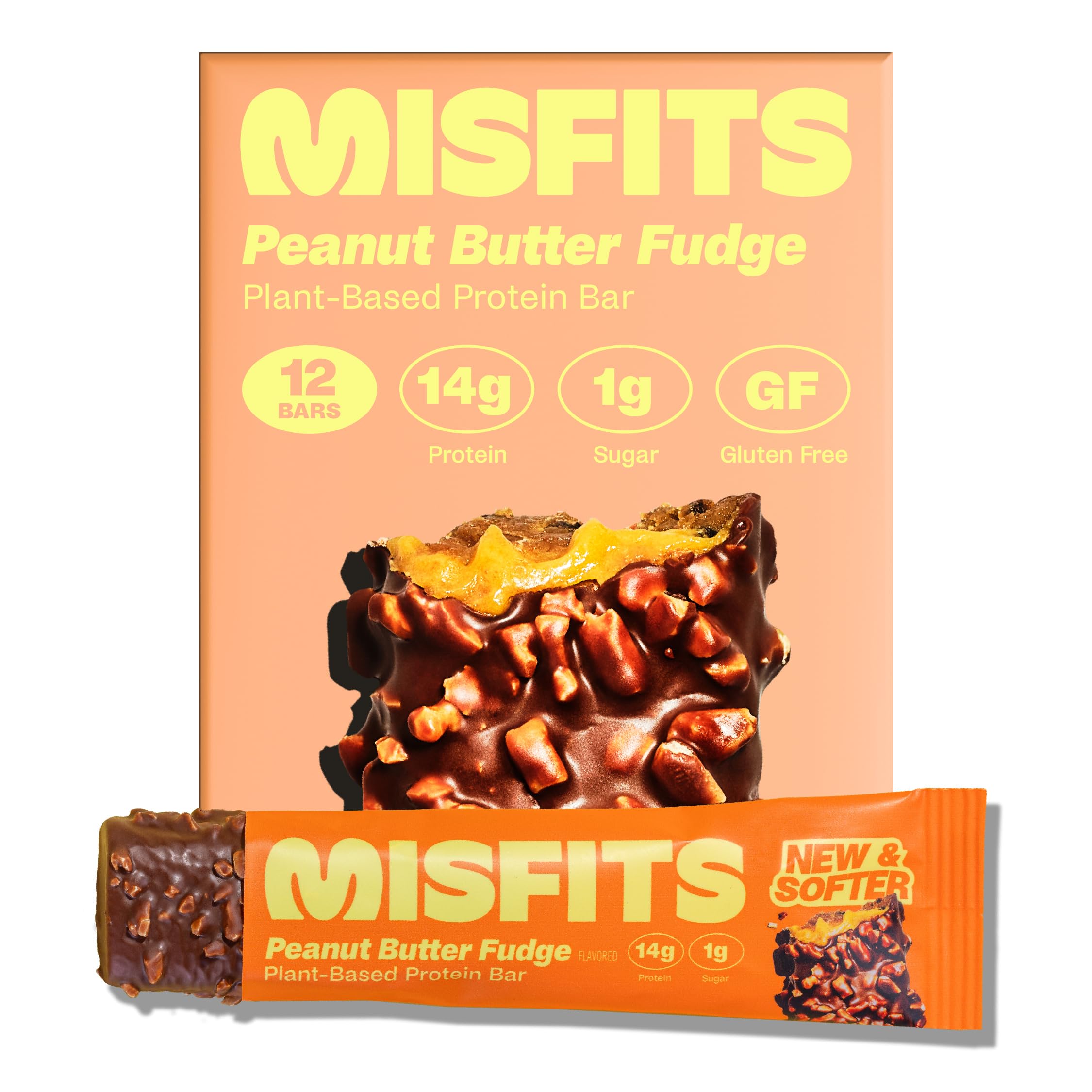 Misfits vegan protein bar peanut butter fudge packshot highlights a protein-packed snack