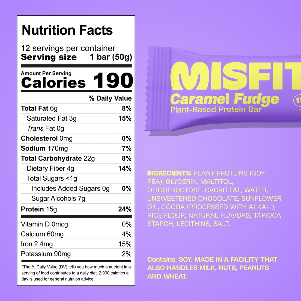 Misfits vegan bars Sweet Caramel Fudge cross-section with fudgy center and caramel