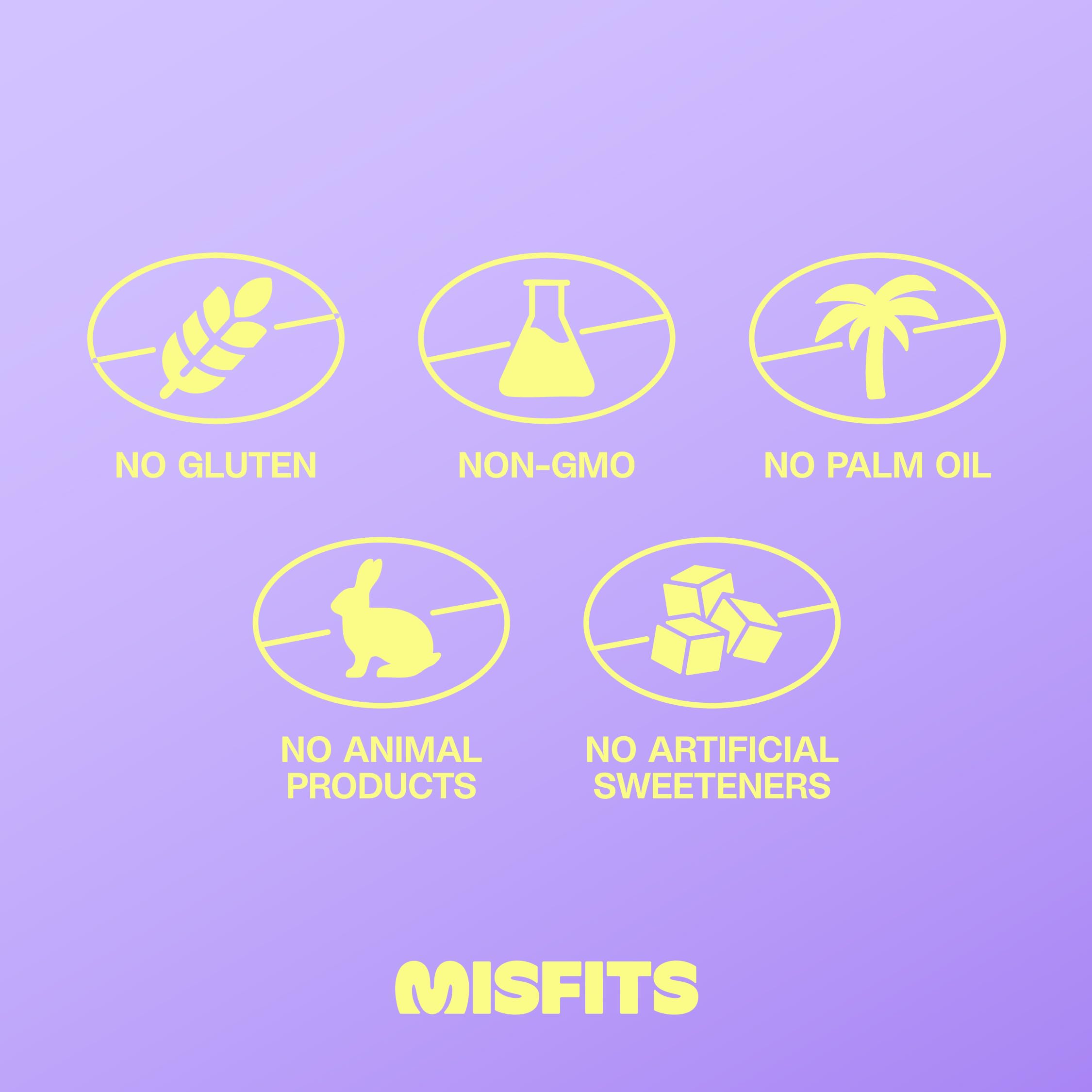 Misfits Vegan Protein Bars Sweet Caramel Fudge ingredient-visual with pea & soy protein