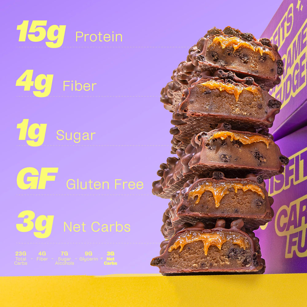 Misfits Vegan Protein Bars Sweet Caramel Fudge on plate for quick post-workout bite