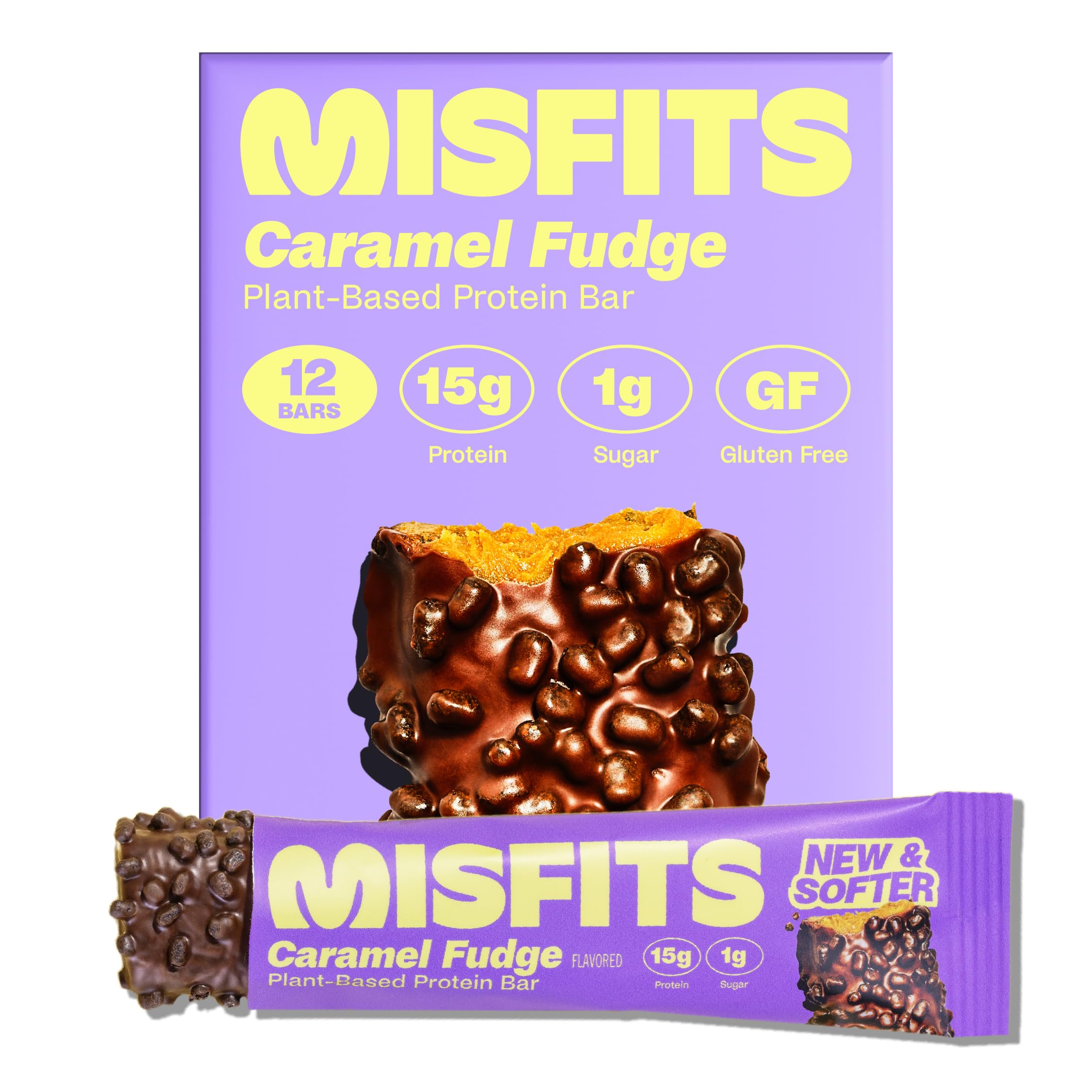 Misfits Vegan Protein Bars Sweet Caramel Fudge pack-shot showing high-protein snack