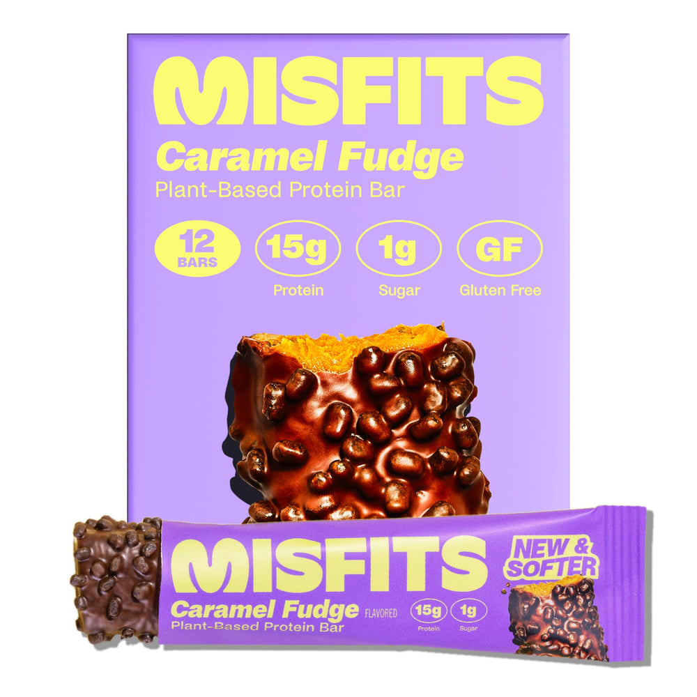 Misfits Vegan Protein Bars Sweet Caramel Fudge pack-shot showing high-protein snack