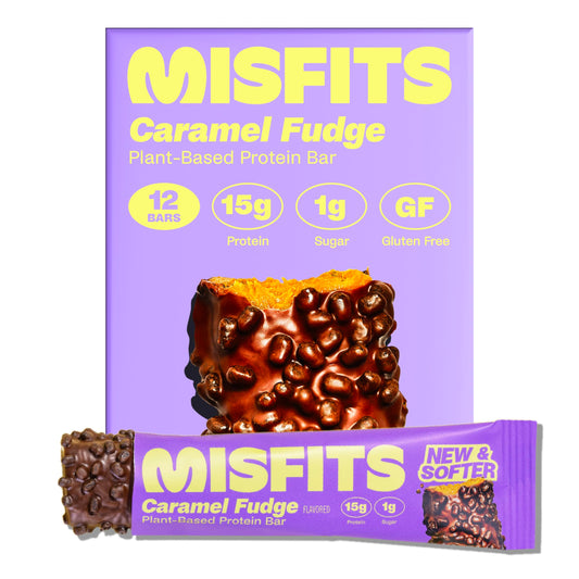 Misfits Vegan Protein Bars Sweet Caramel Fudge pack-shot showing high-protein snack