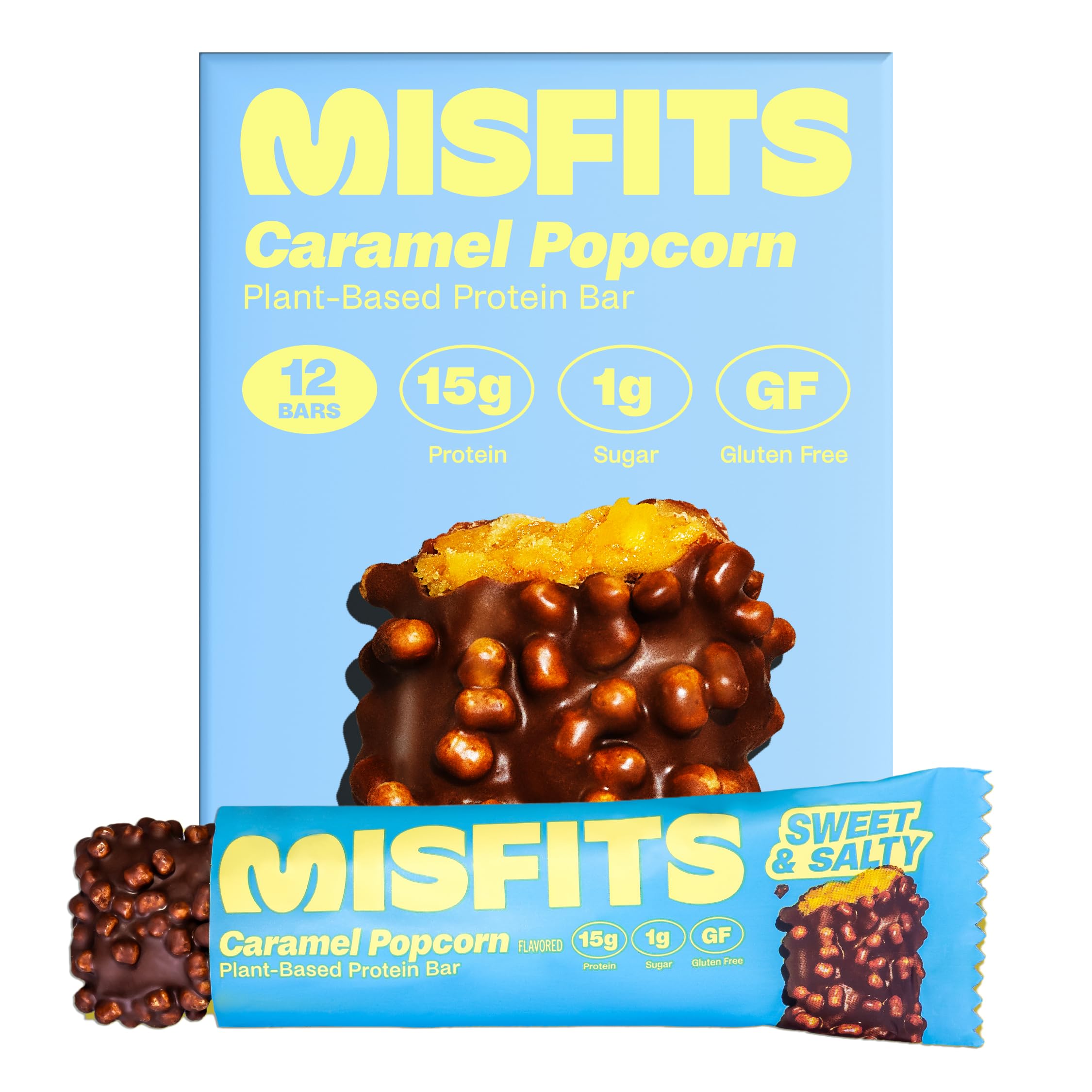 Misfits vegan protein bar with sweet-salty caramel popcorn, ideal post-workout snack for steady energy.