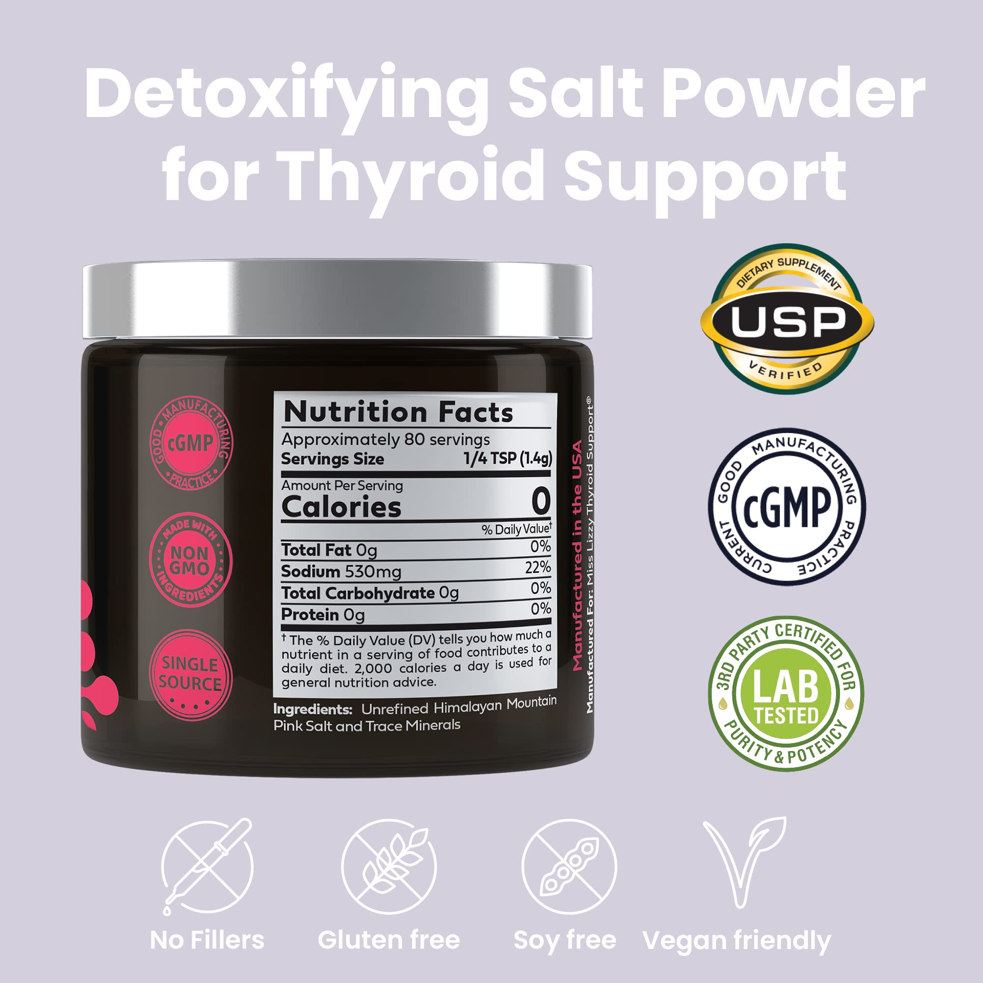 Miss Lizzy HaloDetox bottle label highlighting purity and testing.