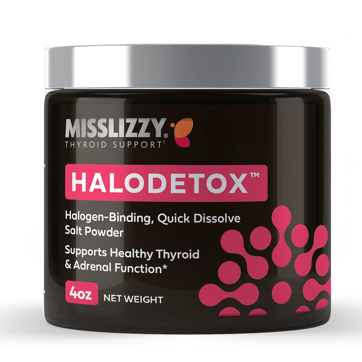Miss Lizzy HaloDetox pink salt powder pour for quick electrolyte support.