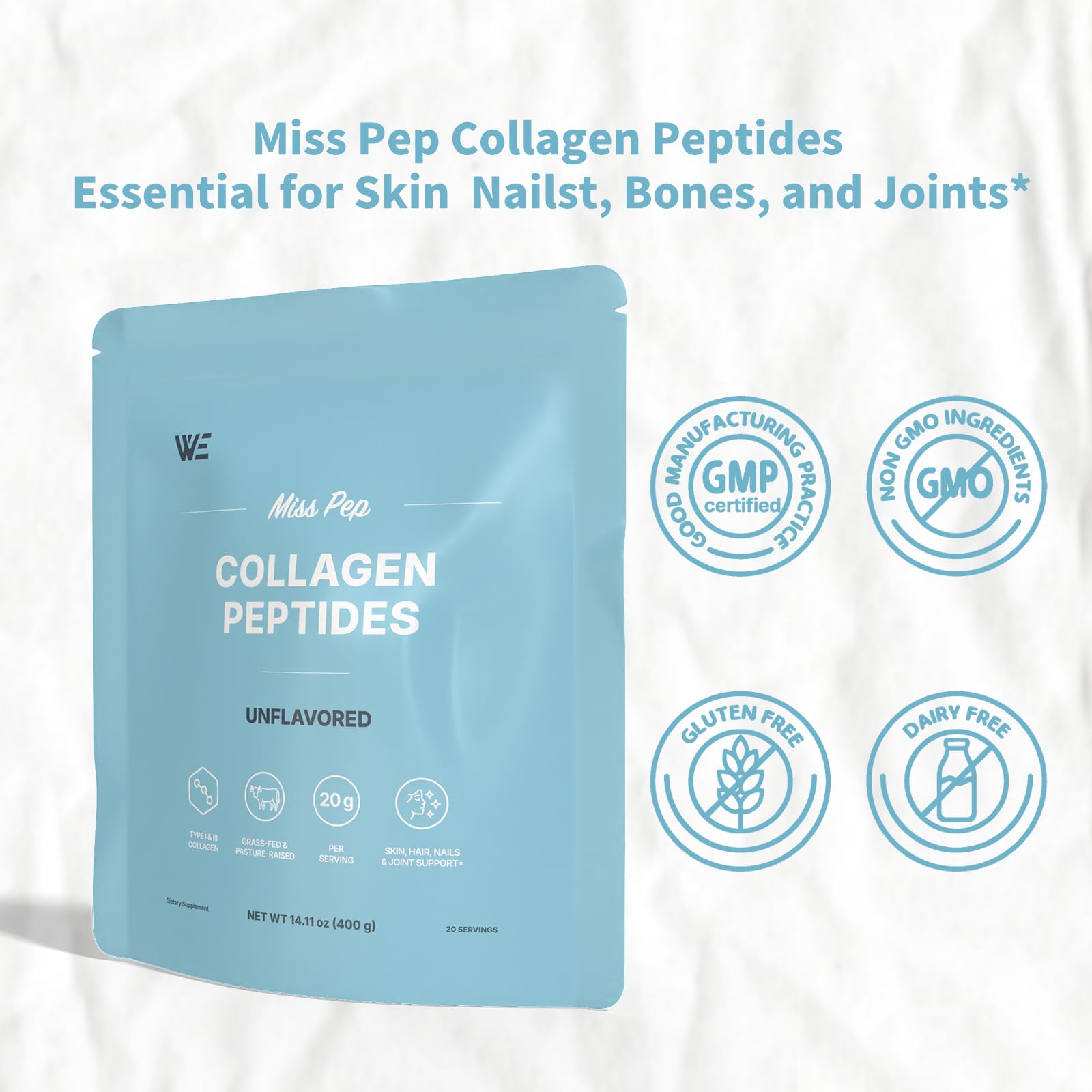 MISS PEP Collagen Peptides dissolving in water showing quick, neutral blending.