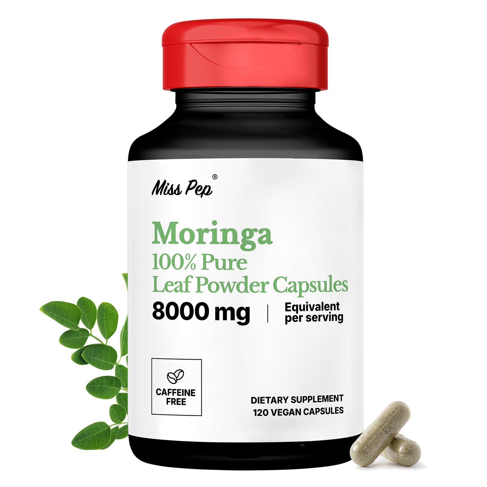 MISS PEP Moringa bottle front view showing vegan capsules for daily wellness
