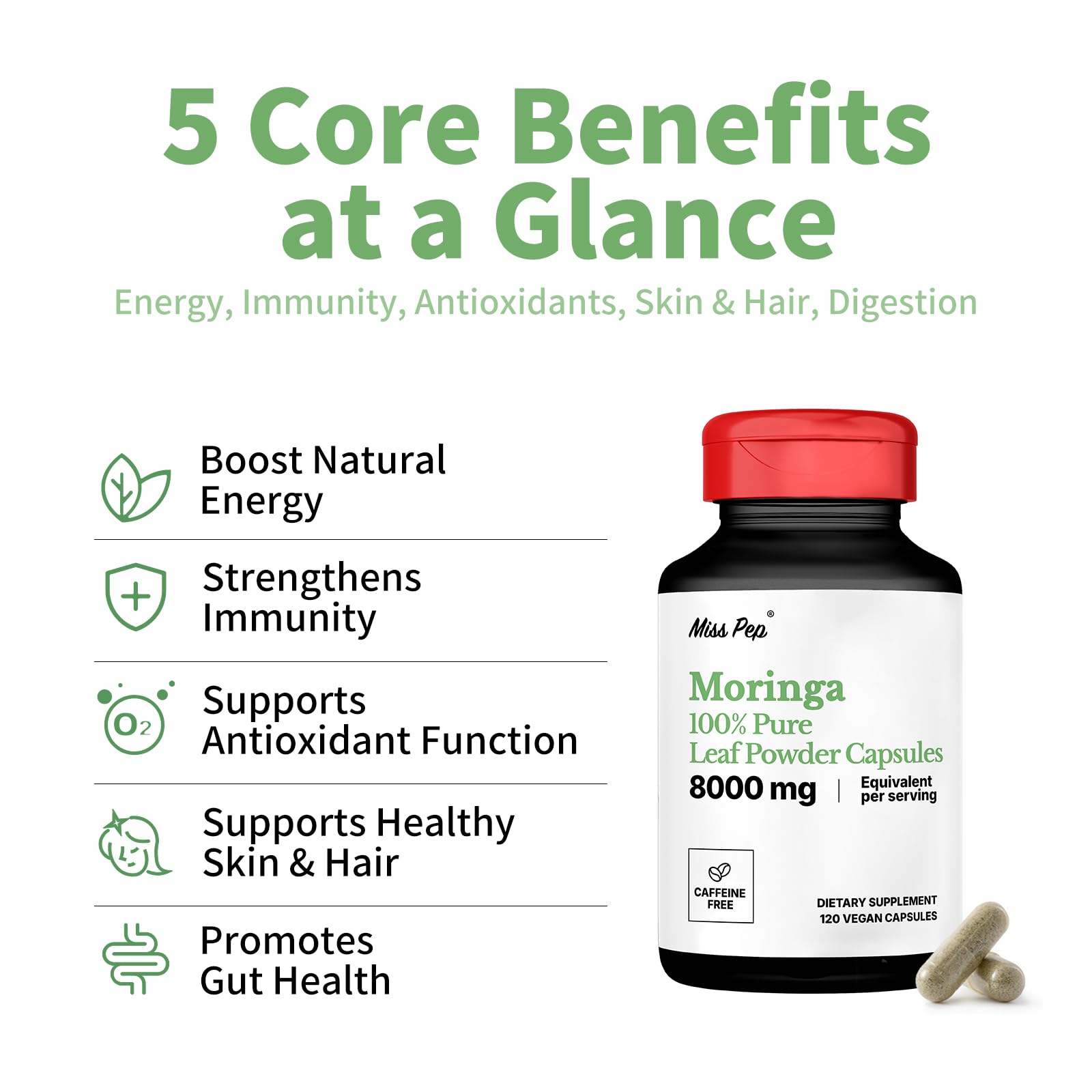 MISS PEP Moringa capsules close-up highlighting concentrated 10:1 extract for enhanced nutrition