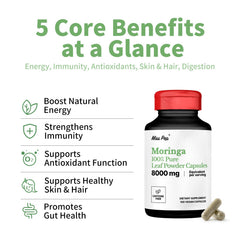 MISS PEP Moringa capsules close-up highlighting concentrated 10:1 extract for enhanced nutrition