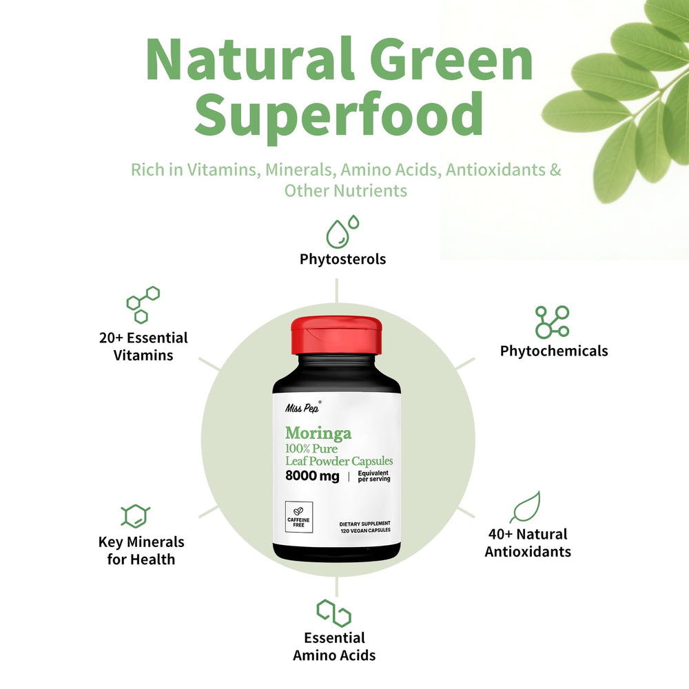MISS PEP Moringa vegan gluten-free capsules illustrate clean nutrition for sensitive diets