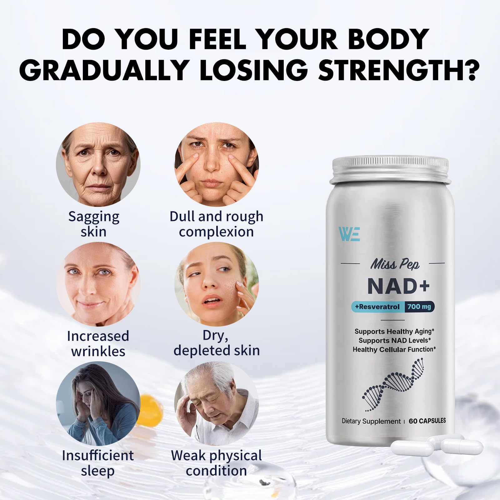 MISS PEP NAD+ ingredient panel highlighting NR and resveratrol.