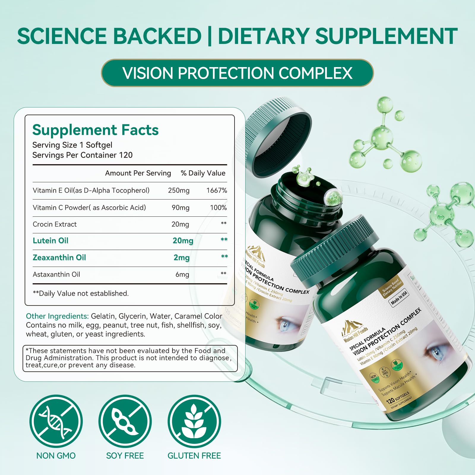 Mission Hill lutein-zeaxanthin-astaxanthin softgel close-up highlights key nutrients for eye health.