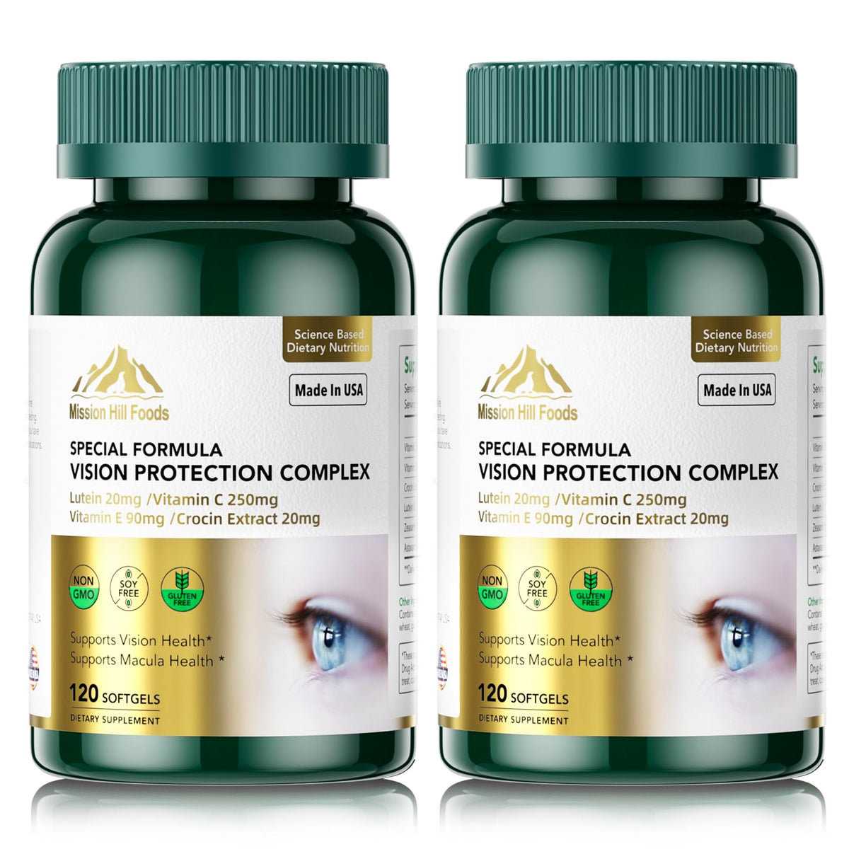 Mission Hill Vision Protection softgel bottle demonstrates convenient daily eye support.