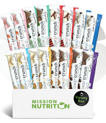 Mission Nutrition Power Crunch variety box shot shows 16 bars for on-the-go snacking