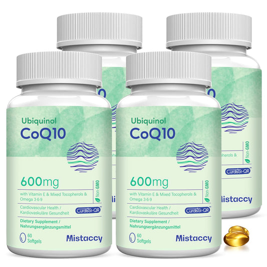 Mistaccy CoQ10 600mg bottle front view highlighting high absorption formula.
