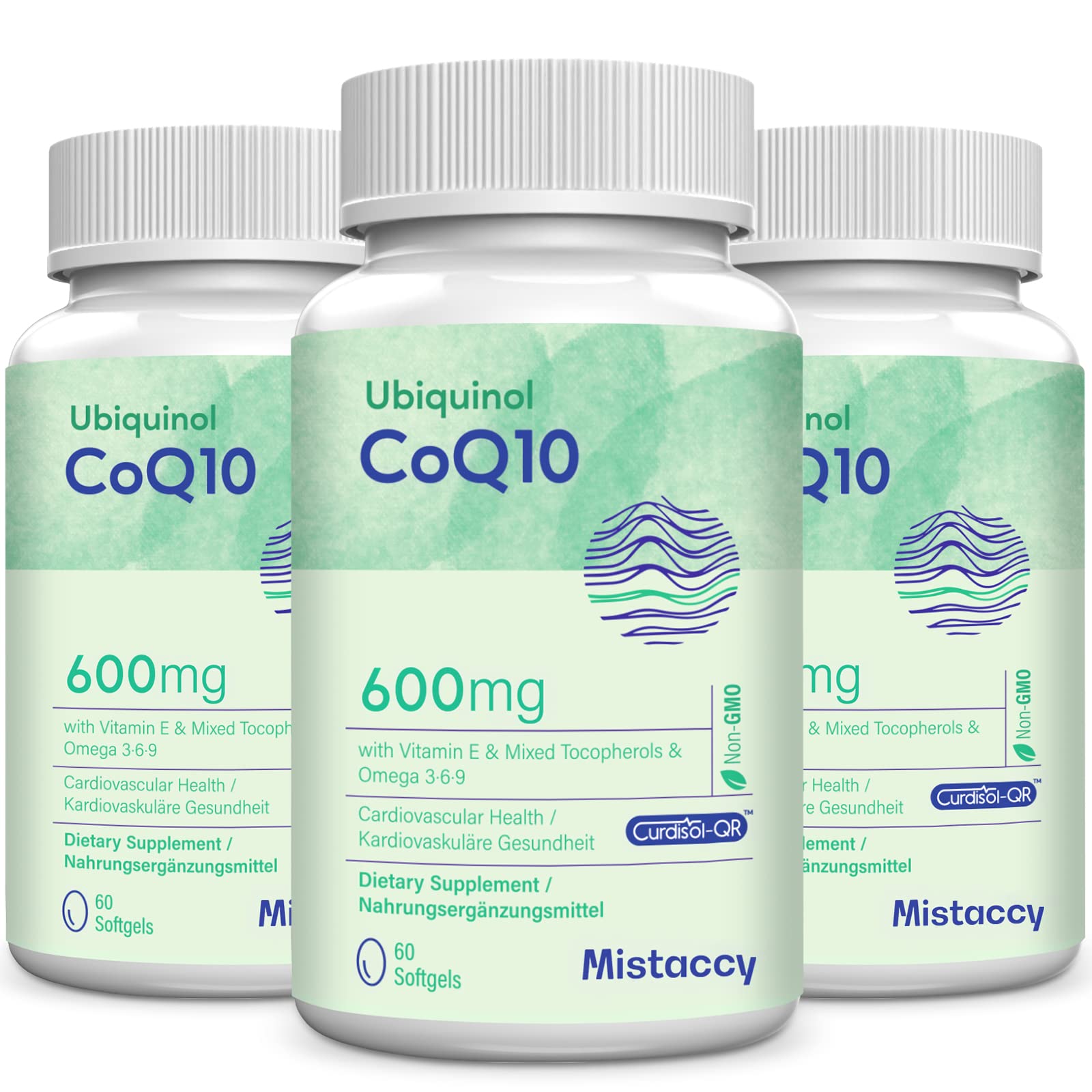 Mistaccy CoQ10 600mg softgel bottle close-up for daily wellness