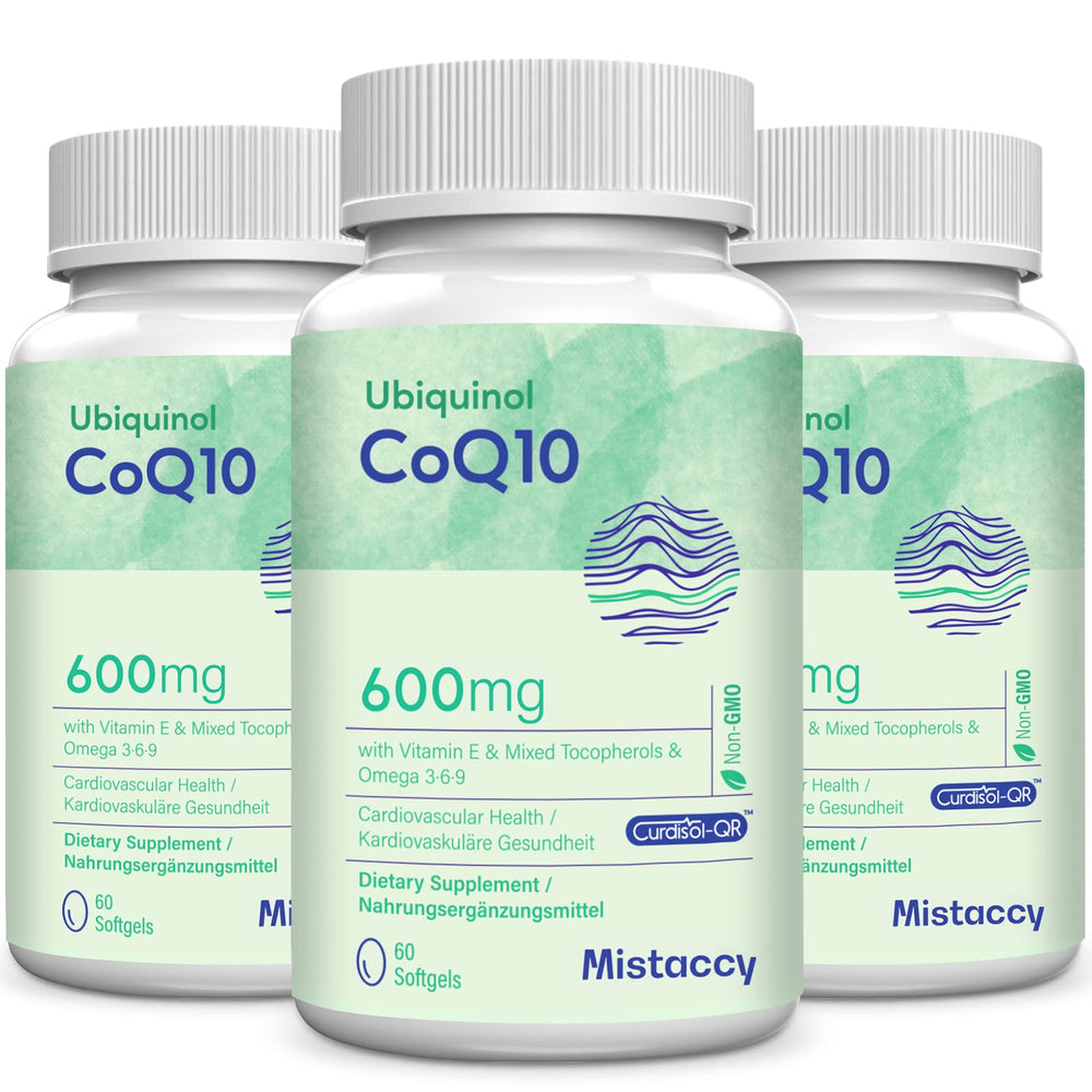 Mistaccy CoQ10 600mg softgel bottle close-up for daily wellness