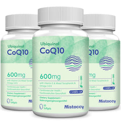 Mistaccy CoQ10 600mg softgel bottle close-up for daily wellness