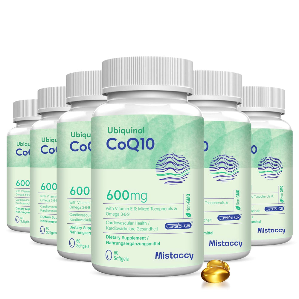 Mistaccy CoQ10 600mg softgels bottle for energy support on busy days
