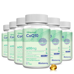 Mistaccy CoQ10 600mg softgels bottle for energy support on busy days