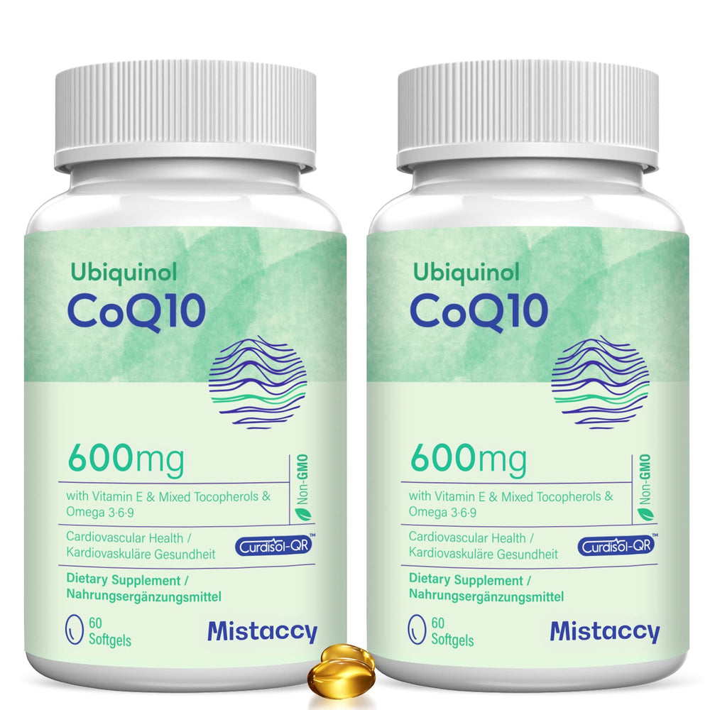 Mistaccy CoQ10 bottle front for easy daily wellness on the go.