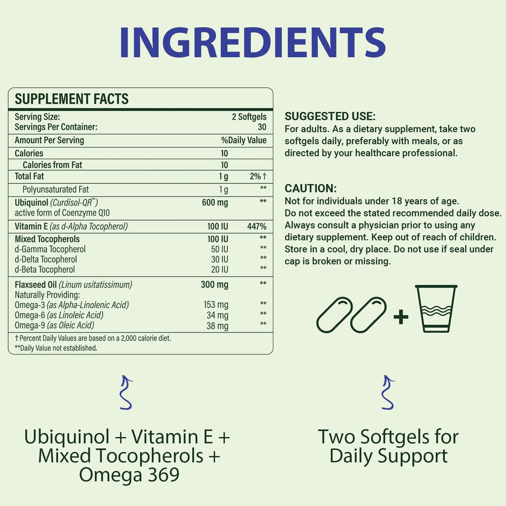Mistaccy CoQ10 softgels inside bottle for portable daily supplementation.