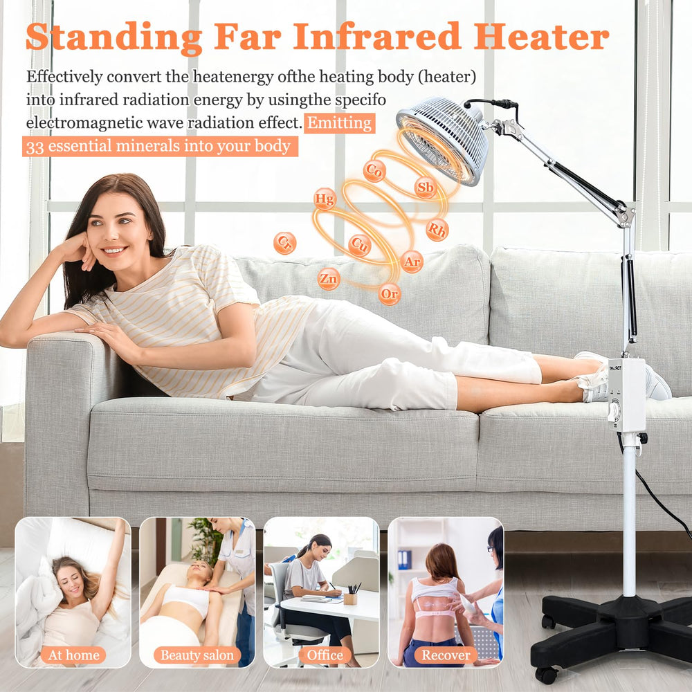 Mistuki infrared lamp side angle demonstrating adjustable height for targeted warmth