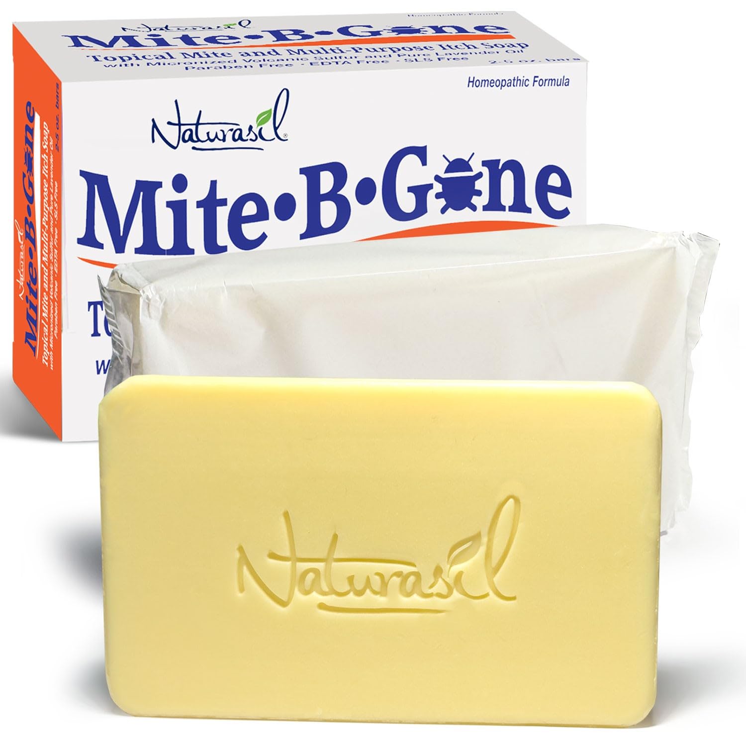 Mite-B-Gone Relief Soap packaging showcases natural formula and kid-friendly design.