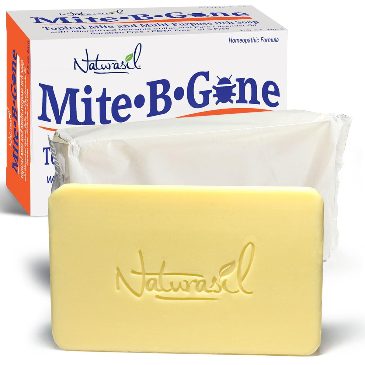 Mite-B-Gone Relief Soap packaging showcases natural formula and kid-friendly design.