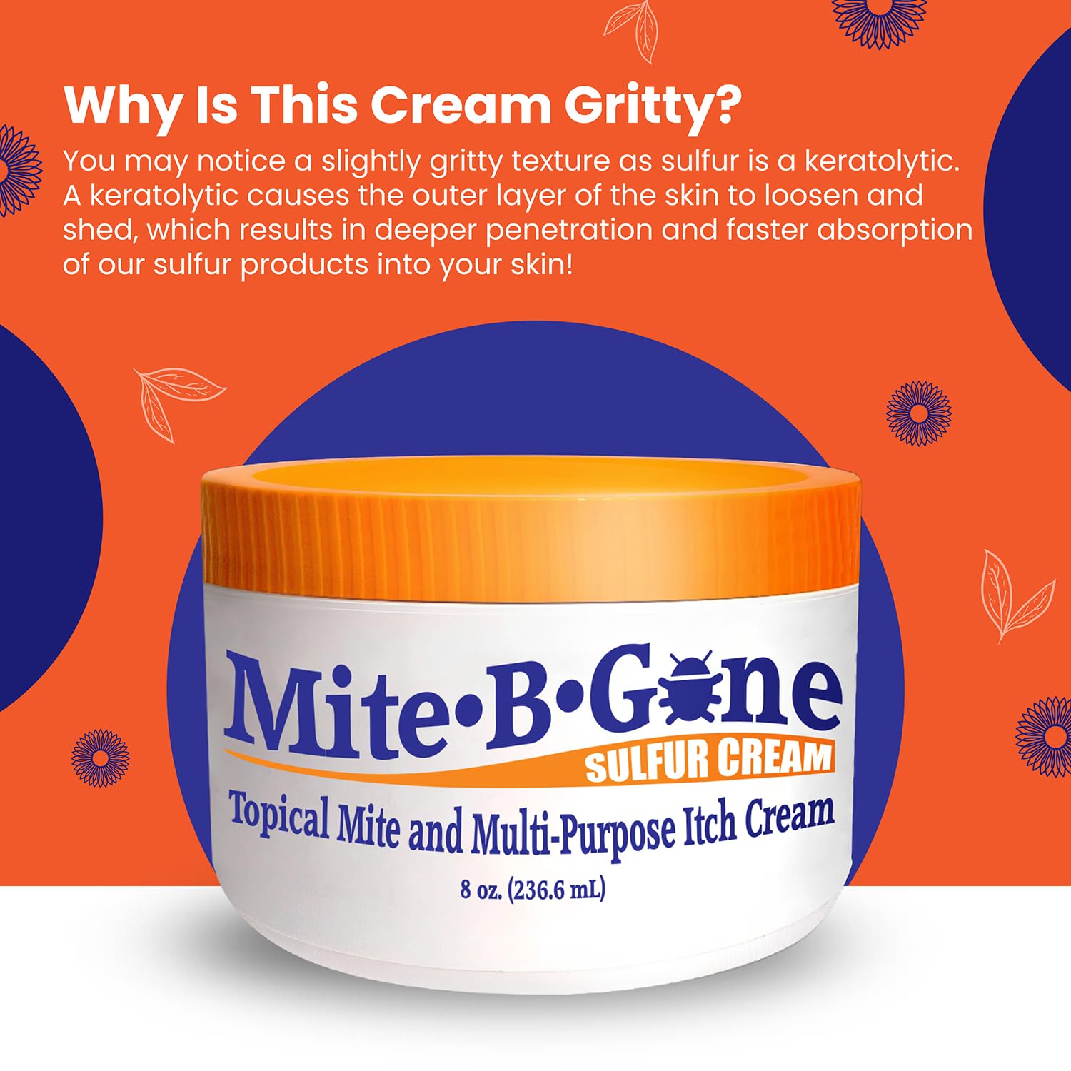 Mite-B-Gone ingredients sulfur, botanicals and oils illustrated