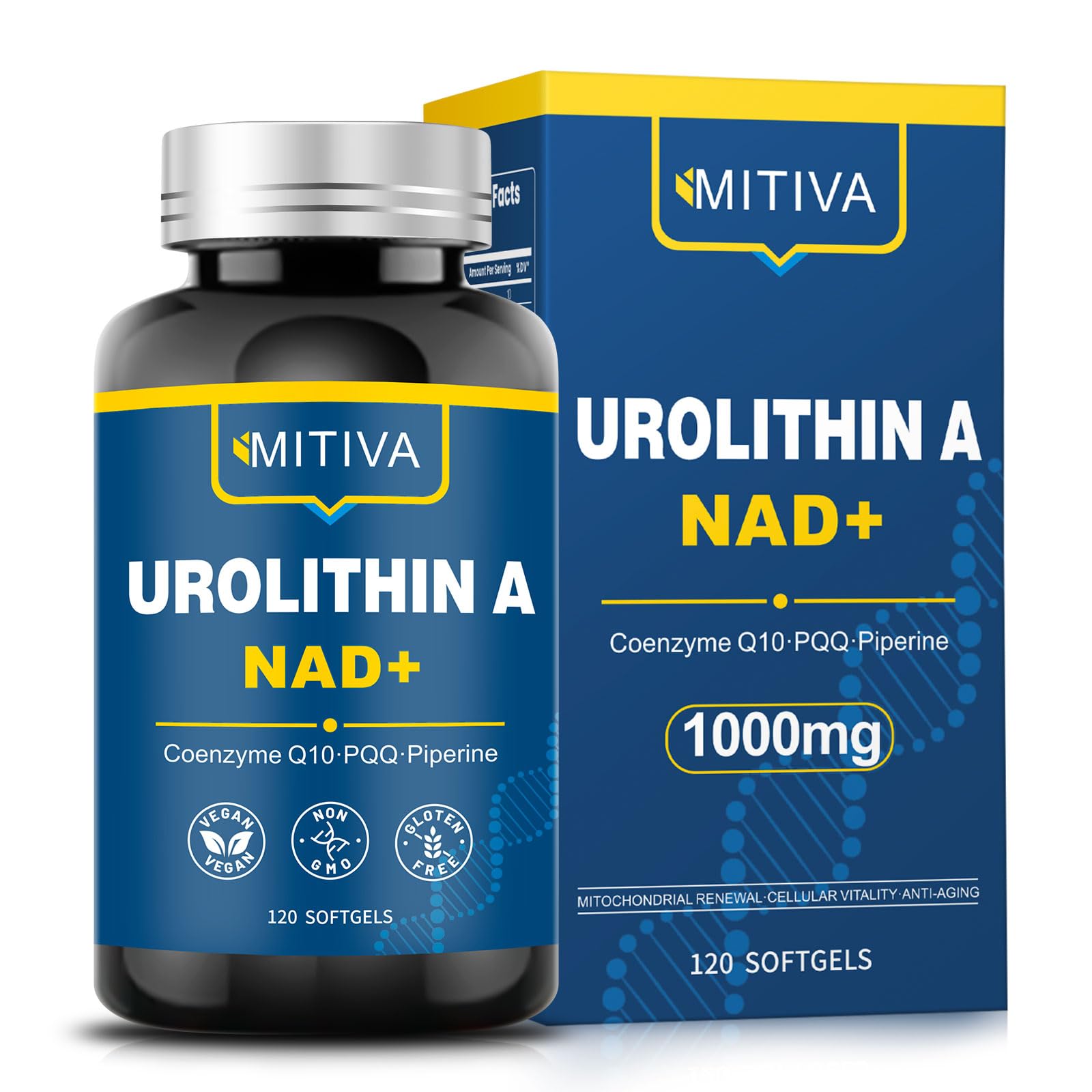 MITIVA Urolithin A bottle front shows daily vitality support for active lifestyles