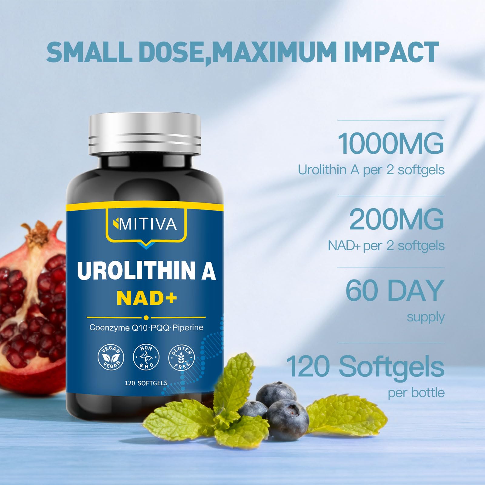 MITIVA Urolithin A ingredients feature CoQ10, NAD+, and PQQ for antioxidant-backed support