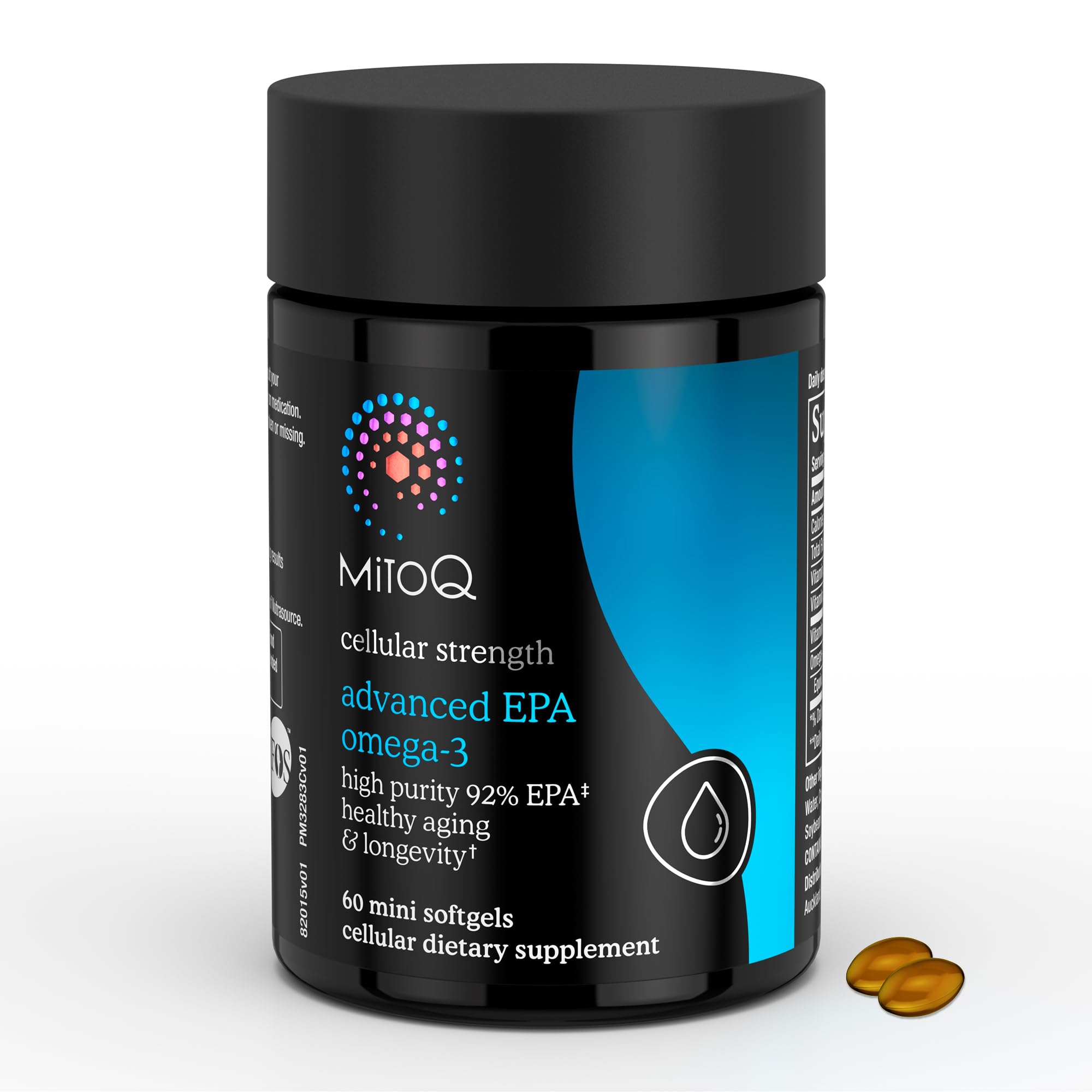 MitoQ Advanced EPA Omega-3 bottle back label detailing EPA dose and ingredients.