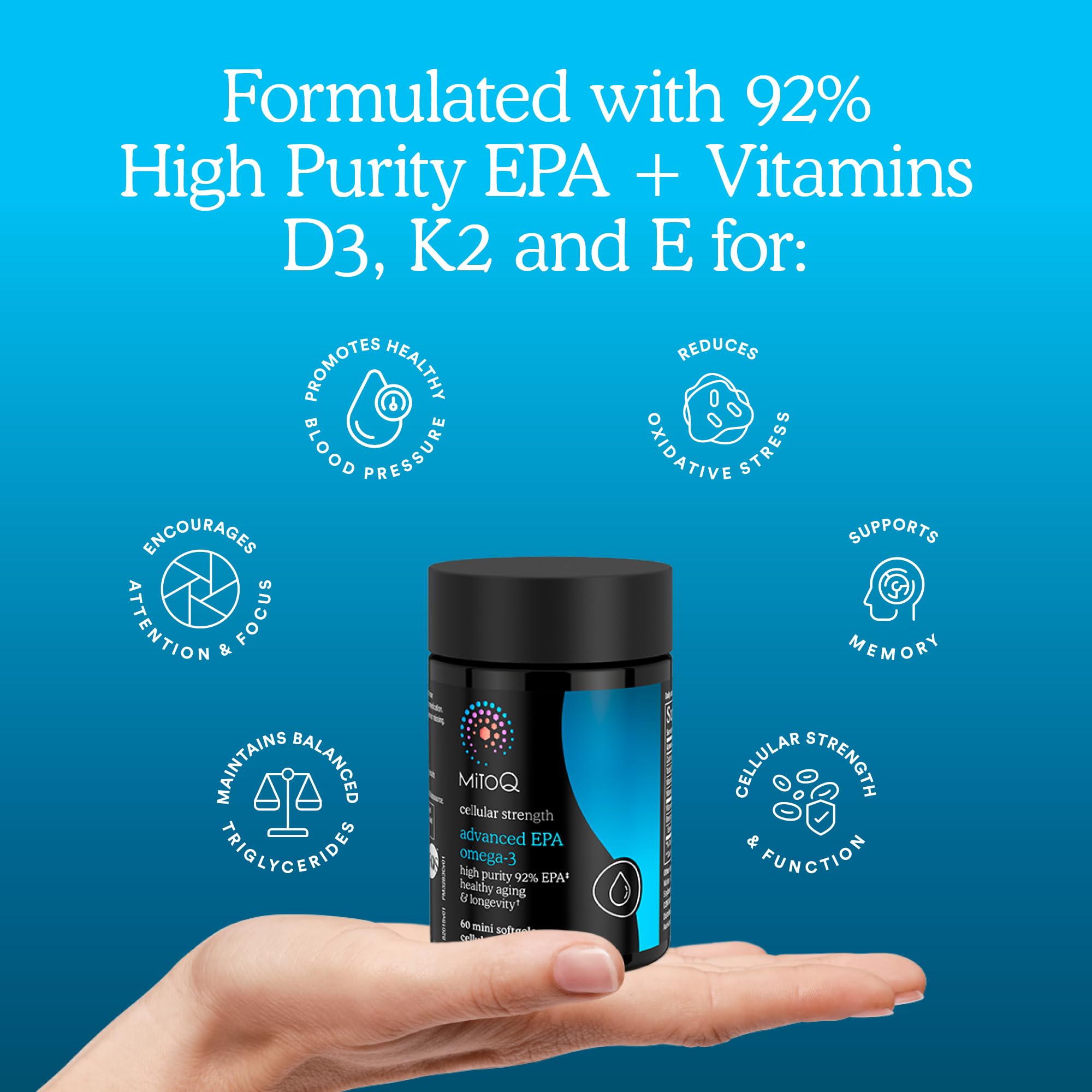 MitoQ Advanced EPA Omega-3 bottle with label highlighting K2, D3, and E blend.