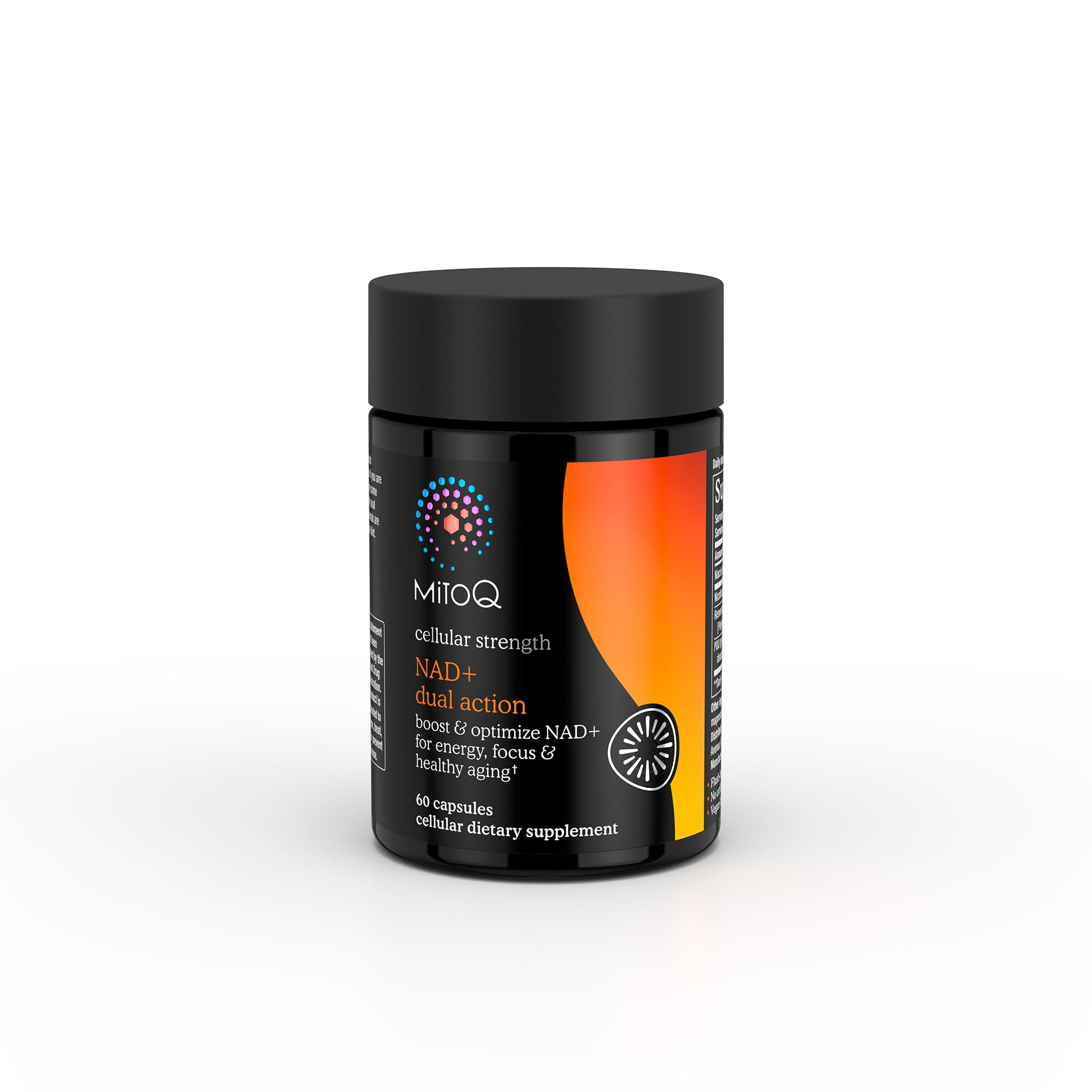 MitoQ NAD+ Dual Action bottle shows capsules for daily energy support and focus.