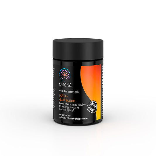 MitoQ NAD+ Dual Action bottle shows capsules for daily energy support and focus.