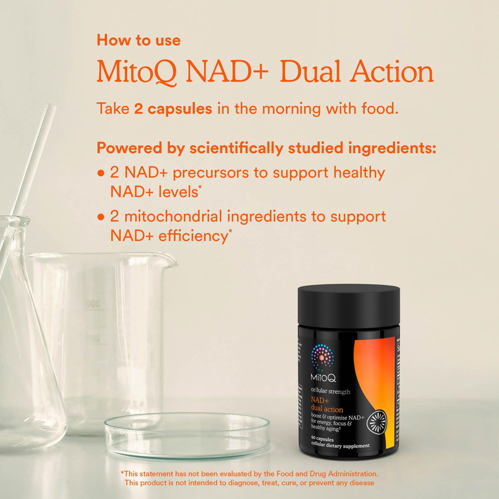 Box displays 60 capsules as a daily supplement option with MitoQ.