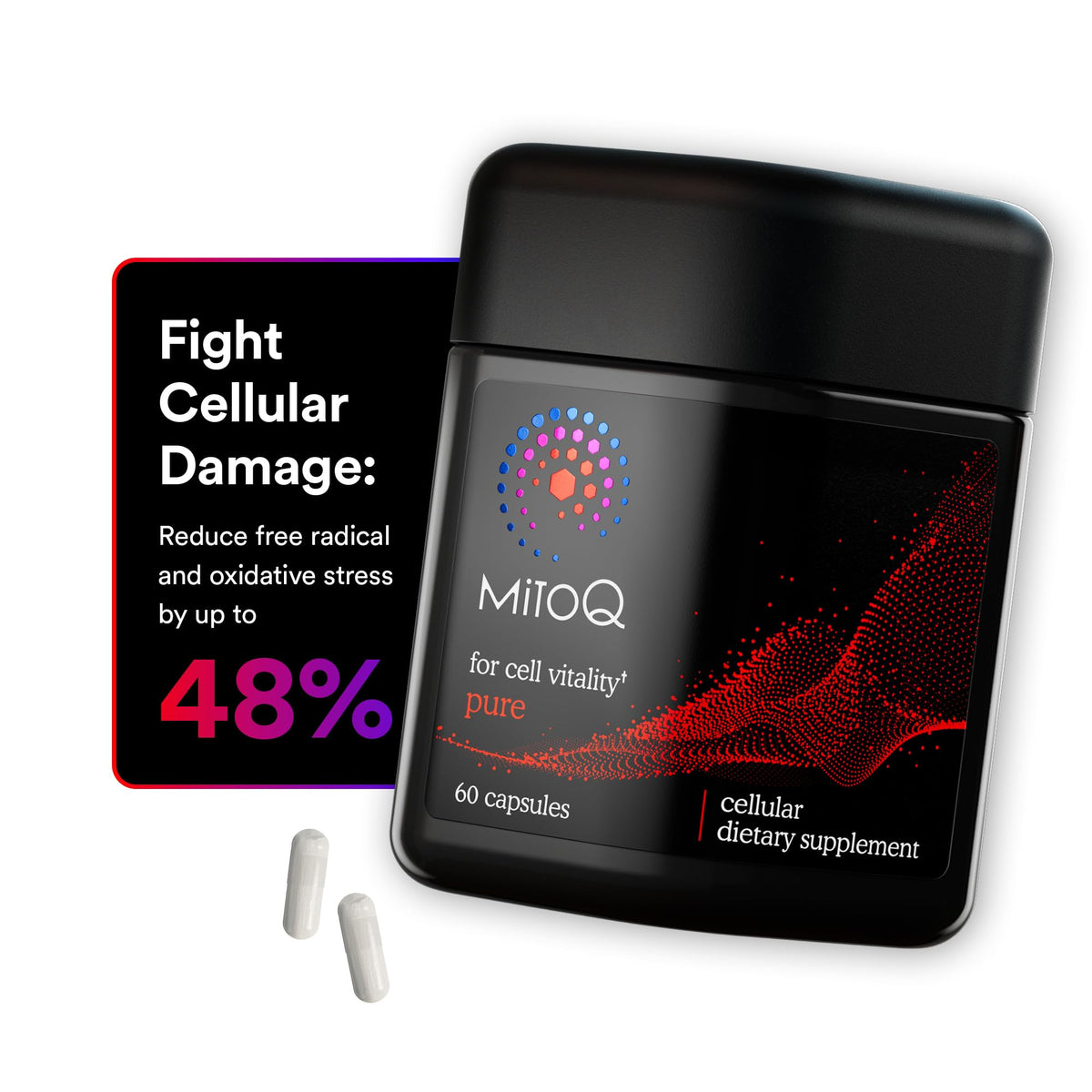 MitoQ Pure bottle front for daily mitochondrial support.