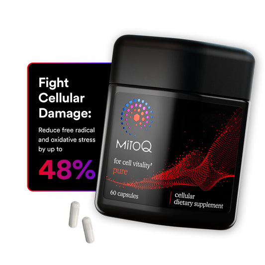 MitoQ Pure bottle front for daily mitochondrial support.