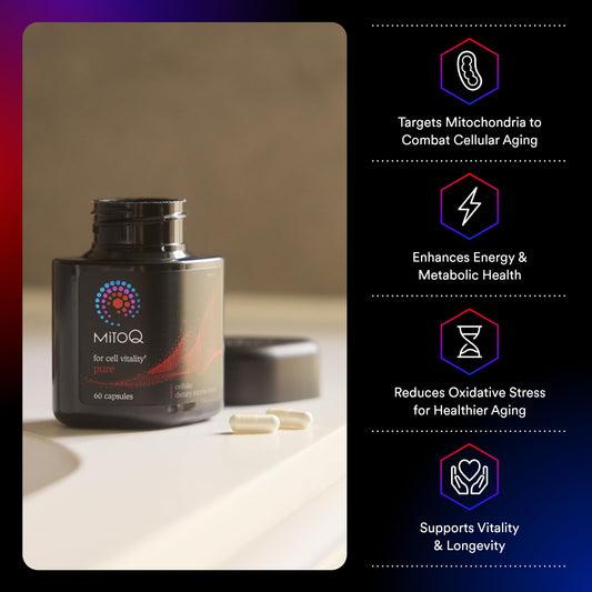 MitoQ Pure capsules closeup highlighting easy daily antioxidant support.
