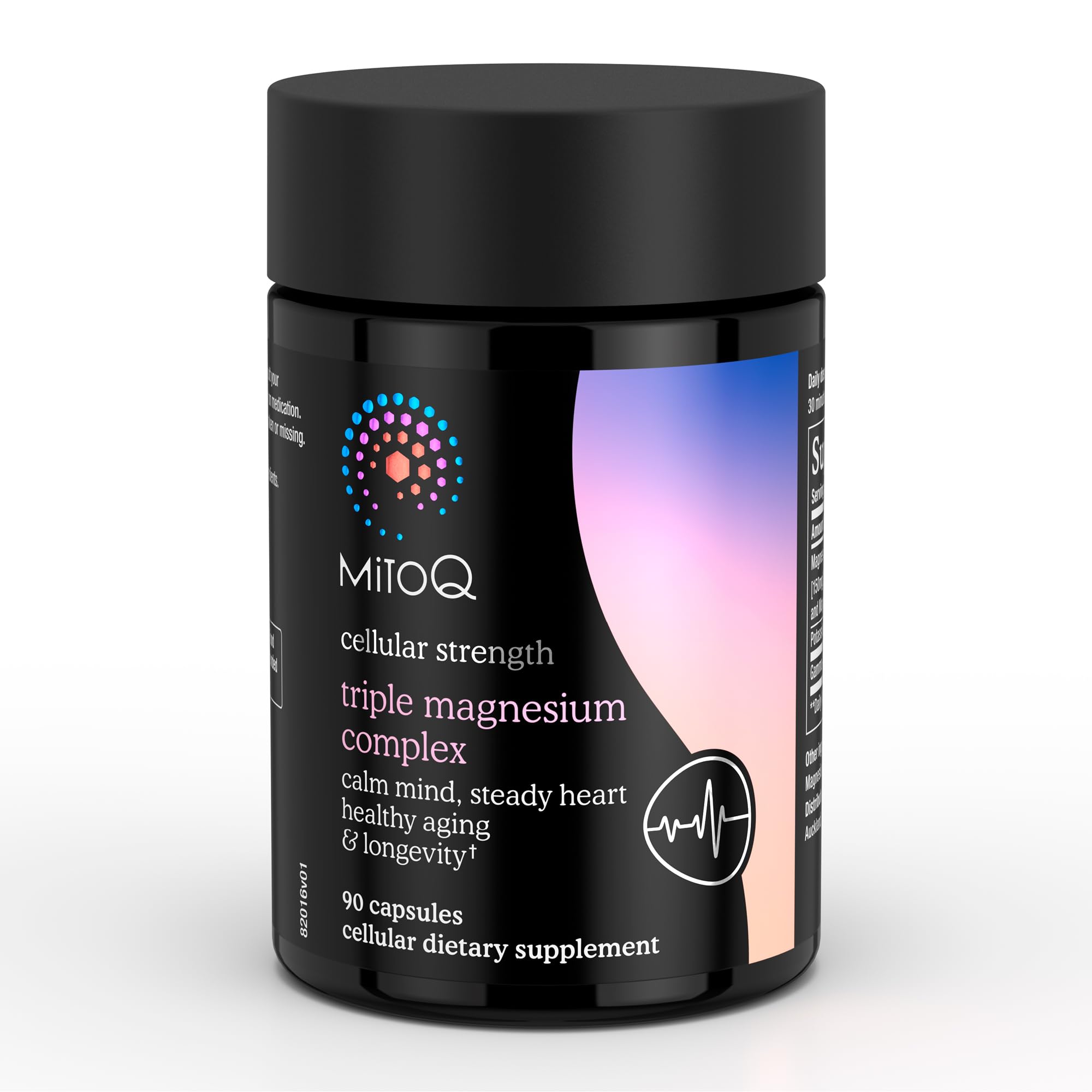 MitoQ Triple Magnesium bottle closeup highlights easy daily dosing